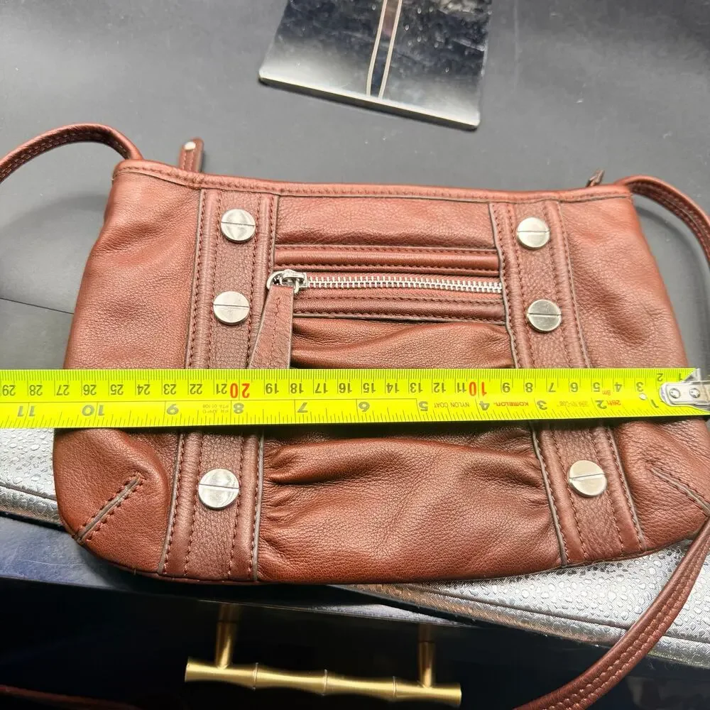 B Makowsky Brown Leather Crossbody Bag Studded Ruched Pocket Purse